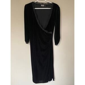 Vintage Black Velour Faux Wrap Dress Lace Accents Large Whimsygoth Vampire Y2K
